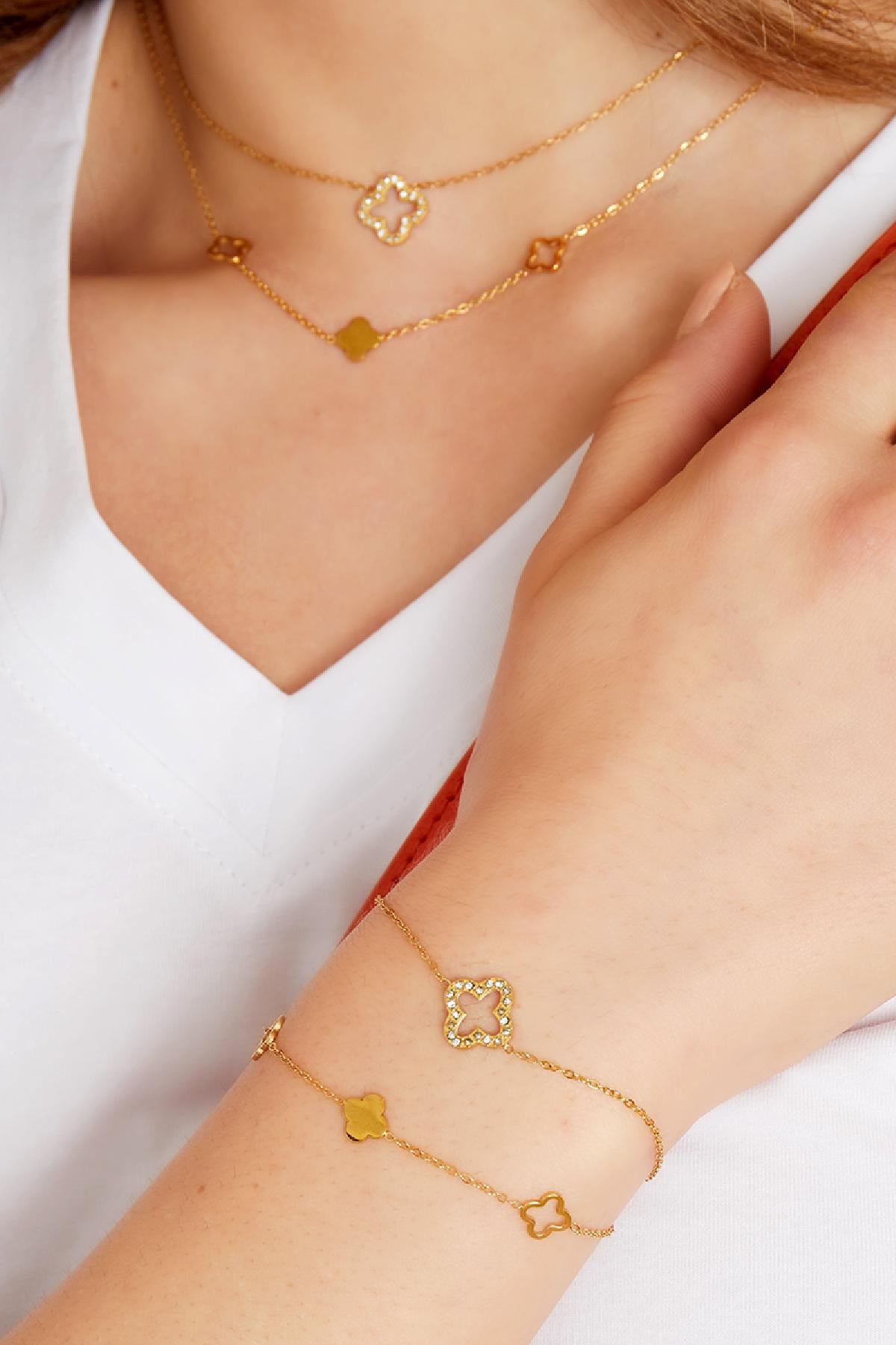 Bracciale trifoglio con pietre di zirconia Gold Stainless Steel